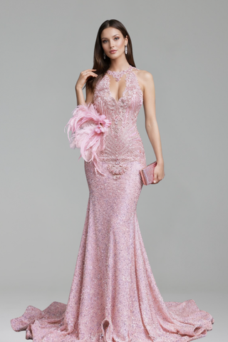 Feather Detail Halter Mermaid Gown - LAROSABRIDE