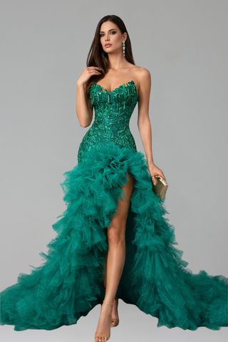 Beaded Tulle Ruffle Gown