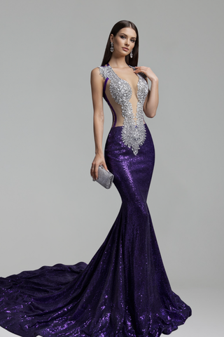 Beaded Sheer Back Sequin Gown - LAROSABRIDE