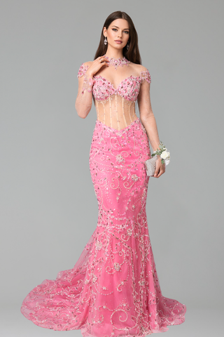 Beaded Sheer Mermaid Gown - LAROSABRIDE