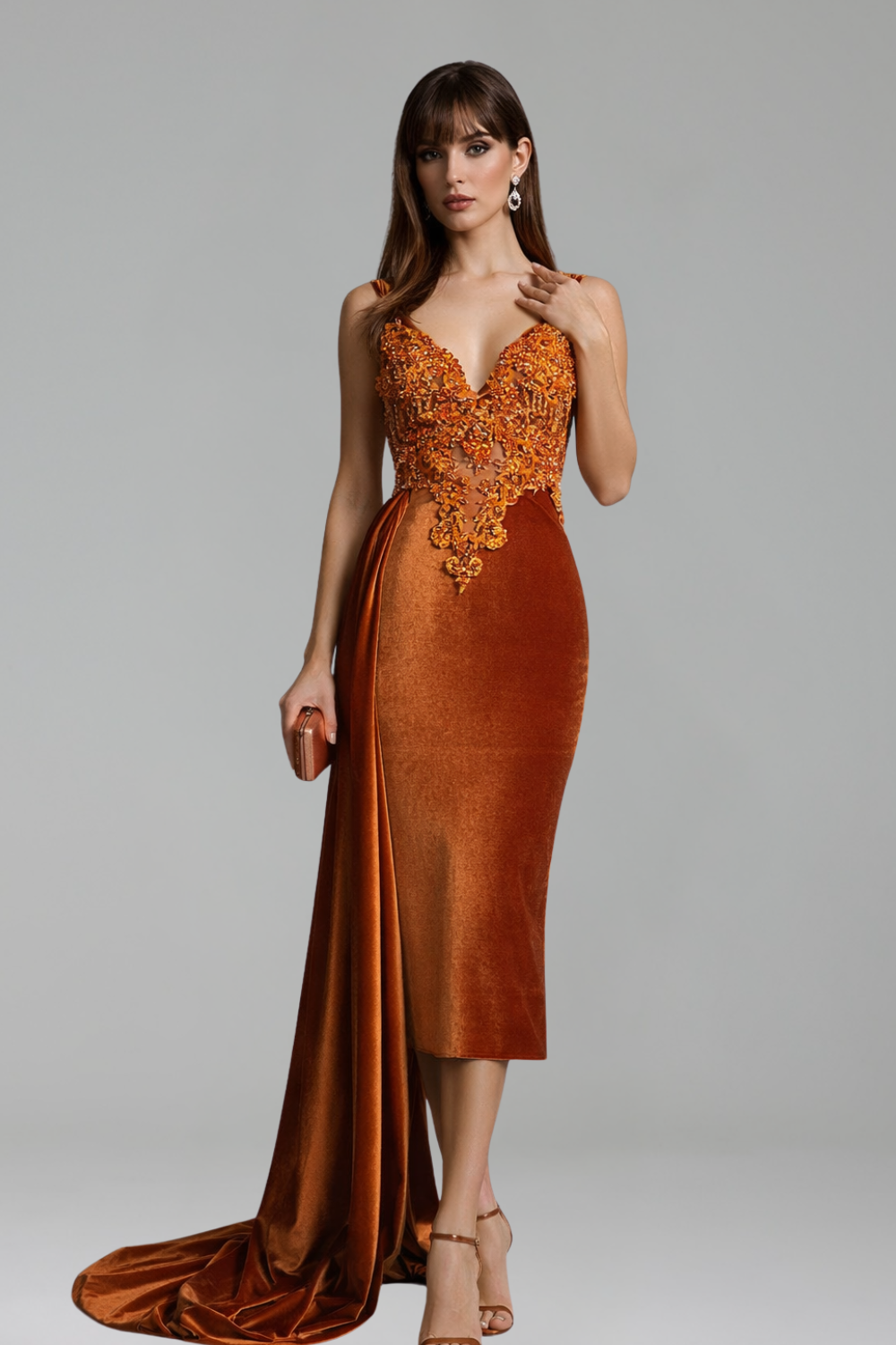 Draped Velvet Lace Midi Gown - LAROSABRIDE