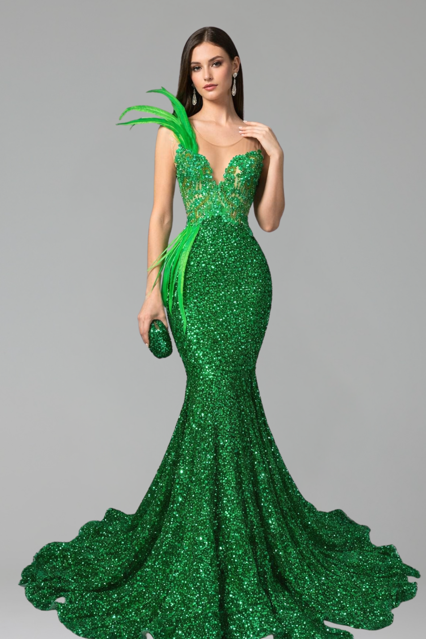 Feather Detail Sequin Mermaid Gown - LAROSABRIDE