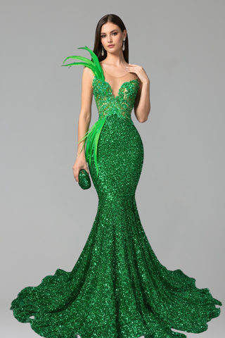 Feather Detail Sequin Mermaid Gown - LAROSABRIDE