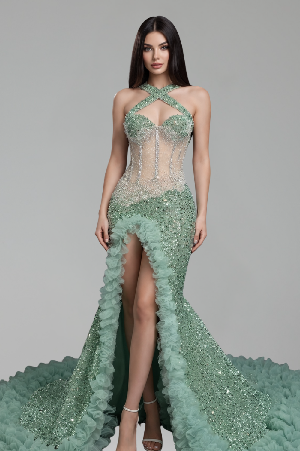 Beaded Halter Mermaid Ruffle Gown - LAROSABRIDE