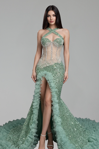 Beaded Halter Mermaid Ruffle Gown - LAROSABRIDE