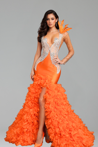 Orange Beaded Feathered Gown - LAROSABRIDE