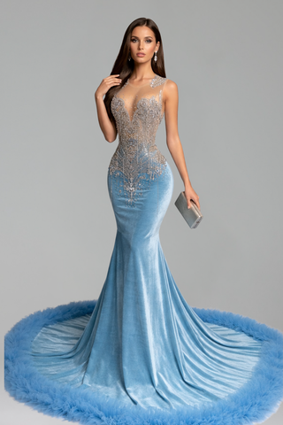 Beaded Illusion Bodice with Feathered Train - LAROSABRIDE