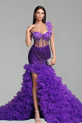 Beaded Floral Ruffle Gown - LAROSABRIDE