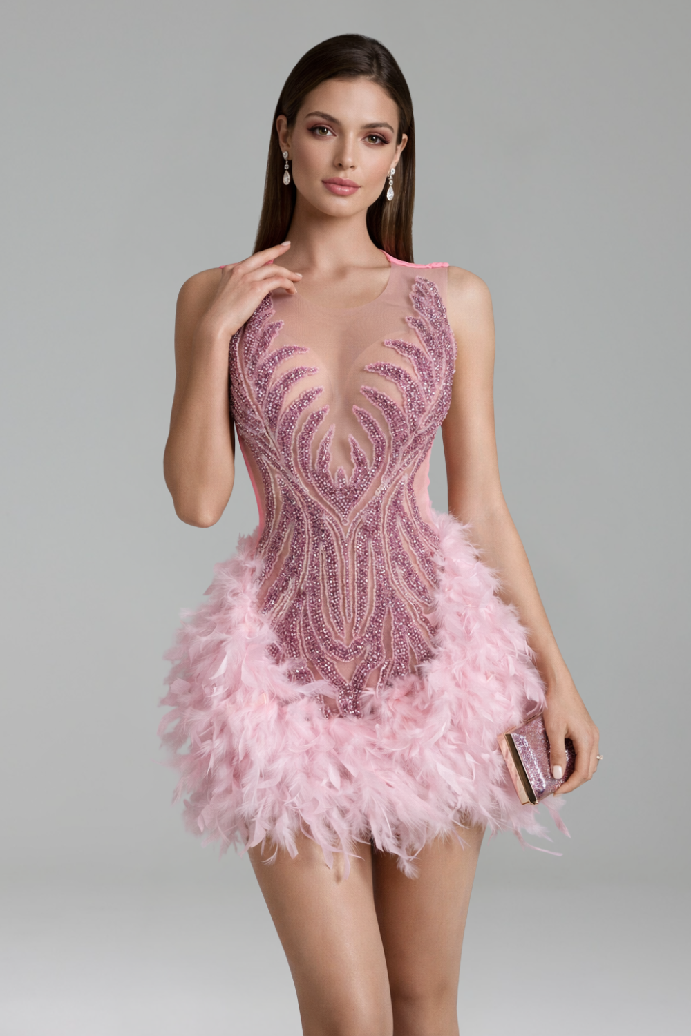 Crystal Embellished Feather Mini Dress - LAROSABRIDE