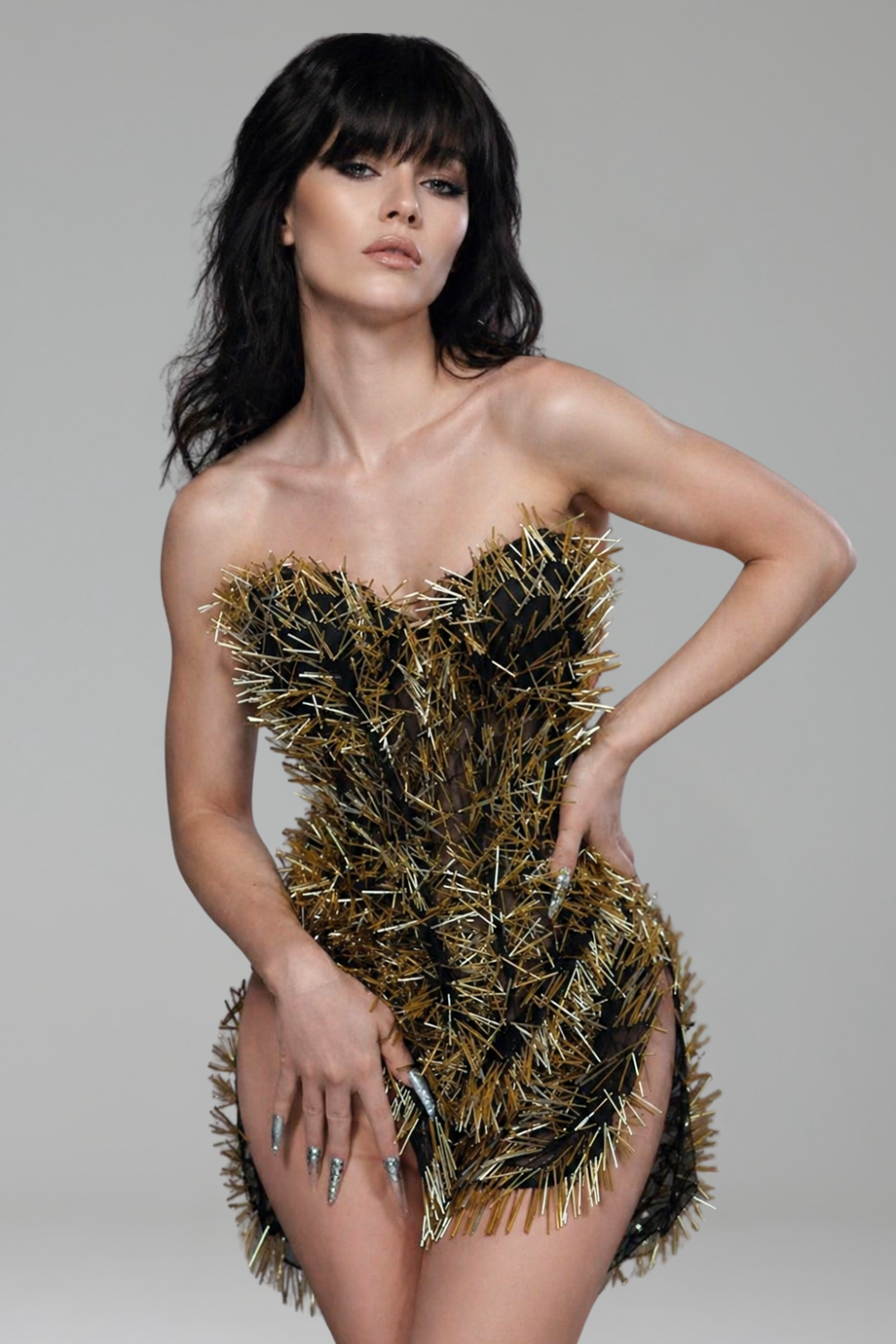 Strapless Metallic Spike Corset Mini Dress - LAROSABRIDE
