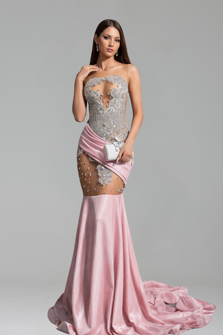 Strapless Beaded Illusion Mermaid Gown - LAROSABRIDE