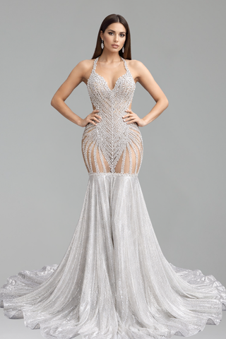 Beaded Halter Silver Mermaid Gown
