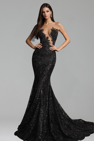Sheer Lace Sequin Mermaid Dress - LAROSABRIDE