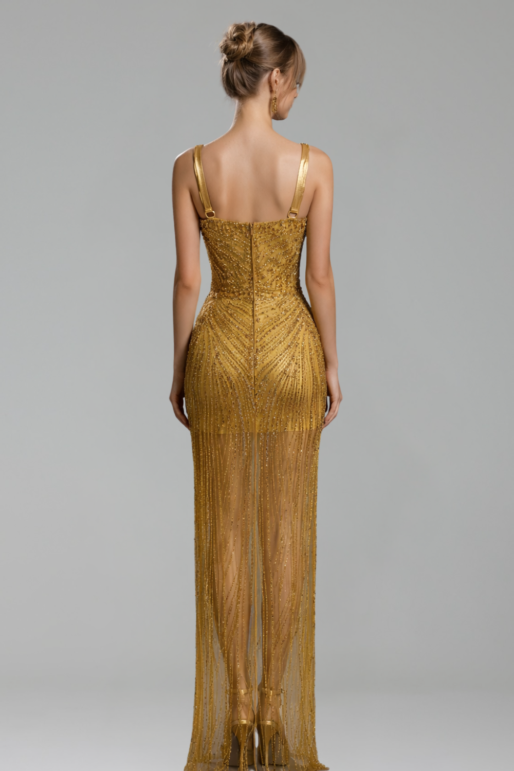 Beaded Sheer High Slit Gown - LAROSABRIDE