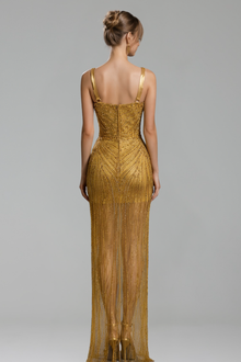 Beaded Sheer High Slit Gown - LAROSABRIDE