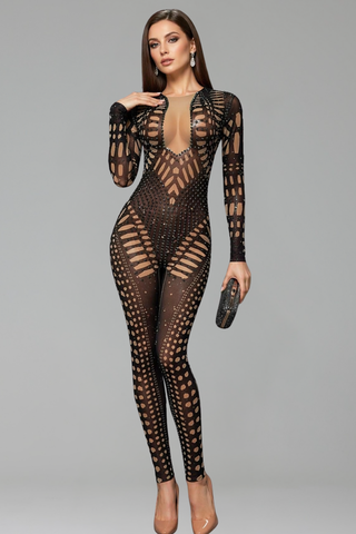 Cutout Rhinestone Sheer Jumpsuit - LAROSABRIDE
