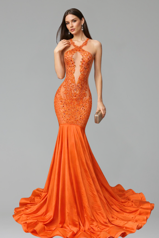 Orange Beaded Halter Mermaid Gown