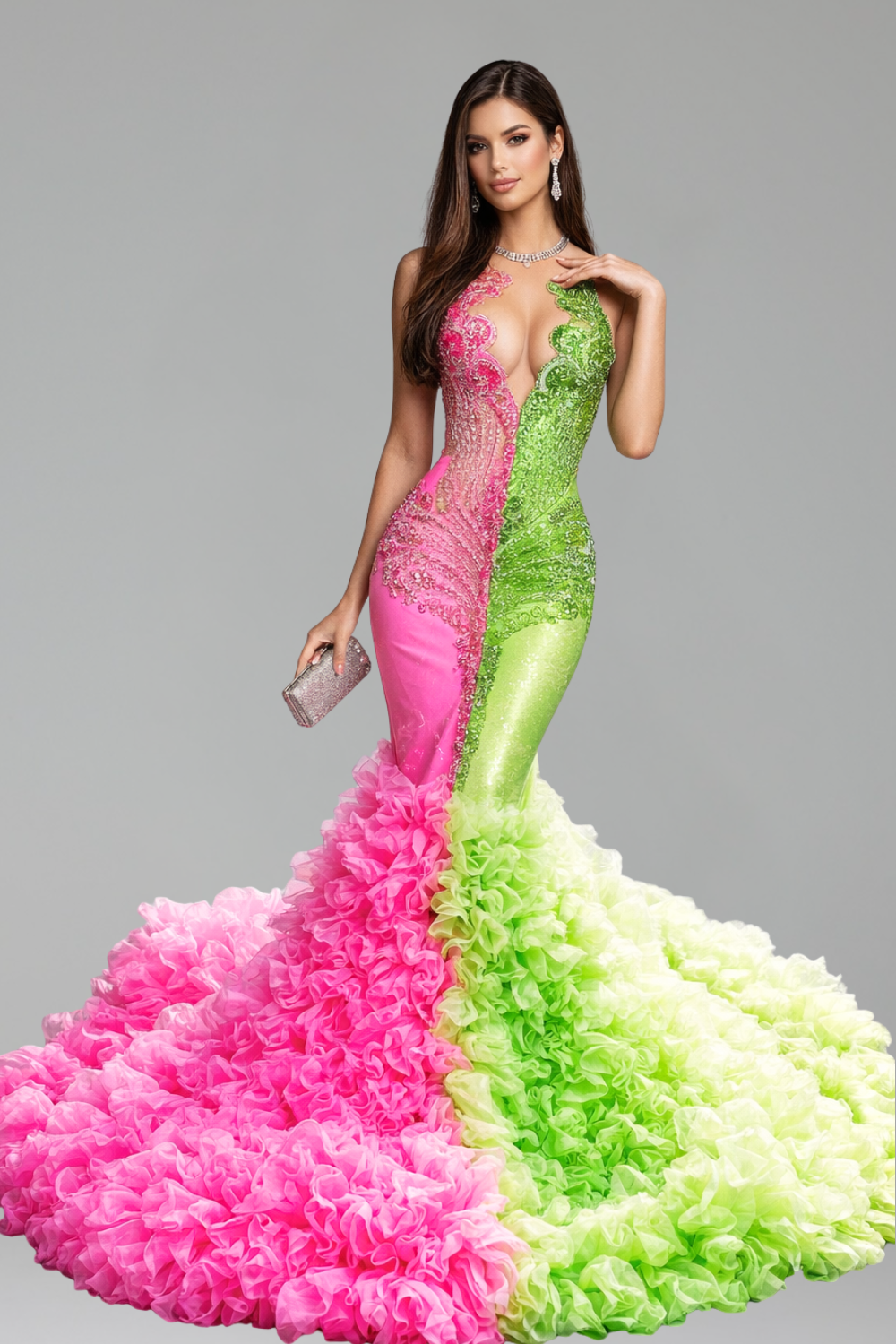 Plunge Neck Ruffle Mermaid Dress - LAROSABRIDE