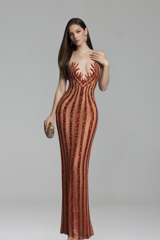 Sheer Striped Sequin Evening Dress - LAROSABRIDE