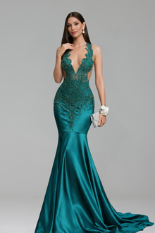 Deep V Beaded Mermaid Gown - LAROSABRIDE
