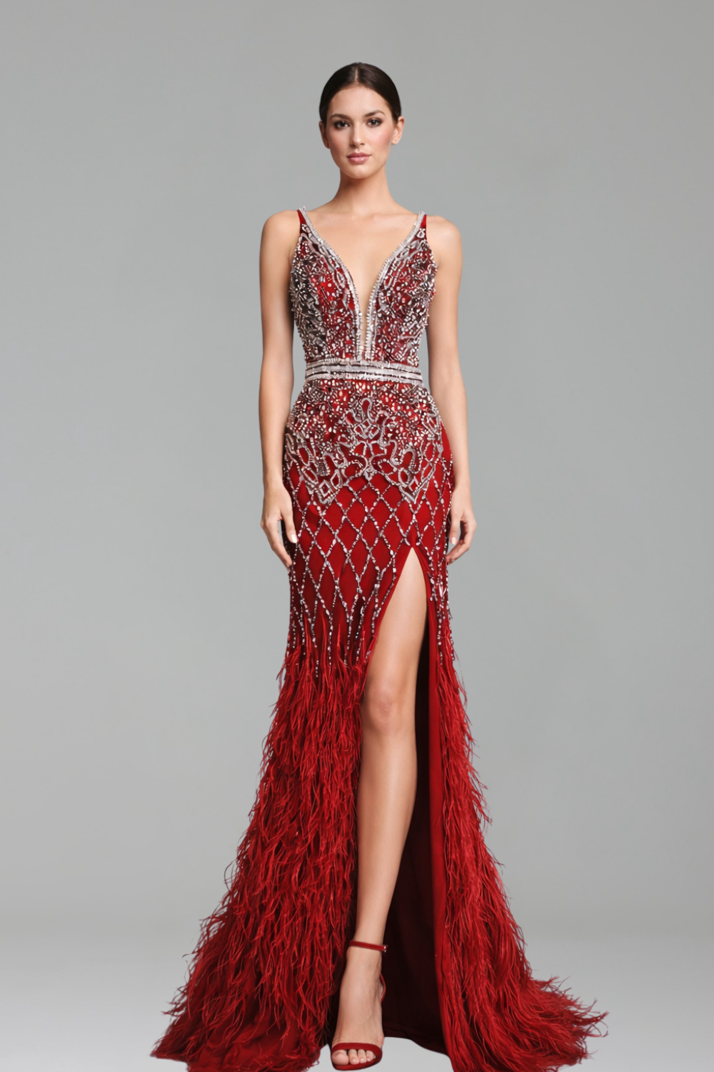 Feather Beaded Mermaid Gown - LAROSABRIDE