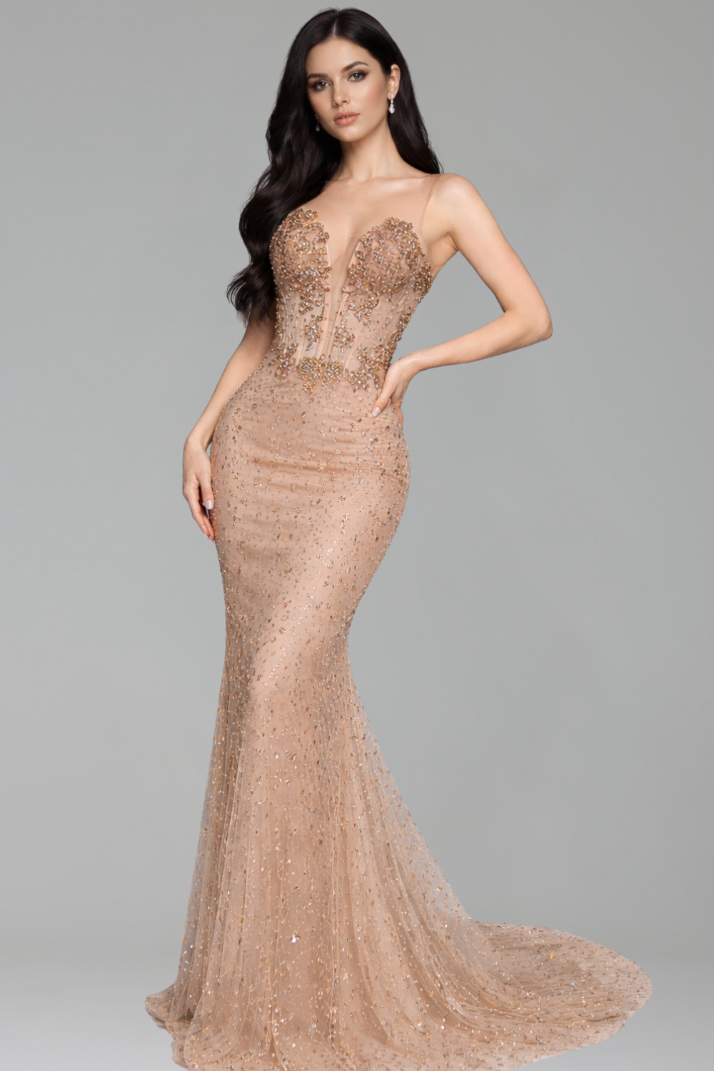 Beaded Sheer Column Evening Dress - LAROSABRIDE