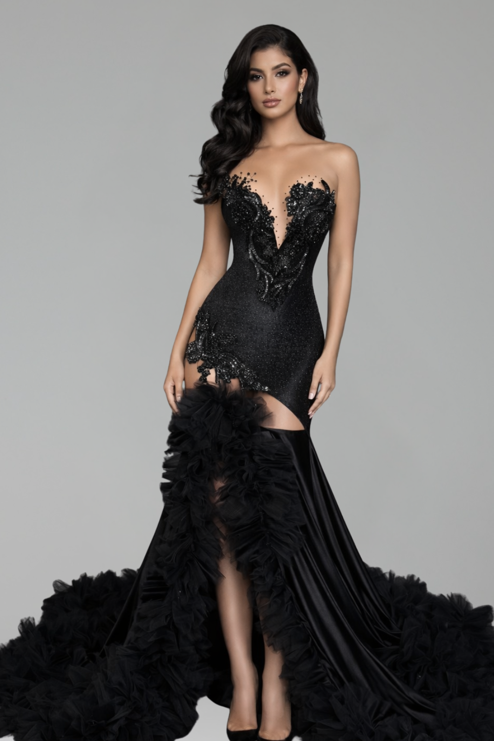 Beaded Sheer Slit Mermaid Gown - LAROSABRIDE