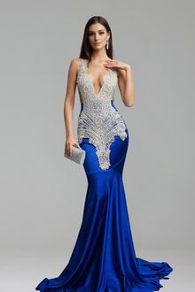 Deep V Beaded Mermaid Gown - LAROSABRIDE