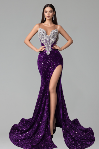 Beaded Illusion High Slit Gown - LAROSABRIDE