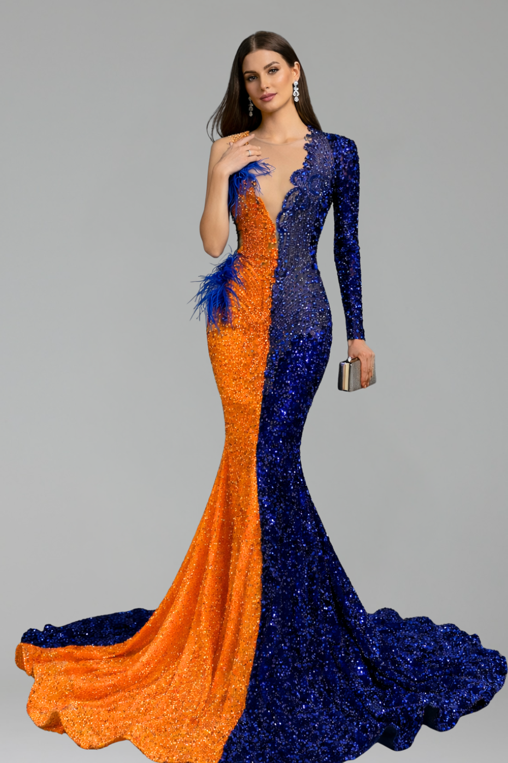Two-tone Sequin Feathered Evening Gown - LAROSABRIDE