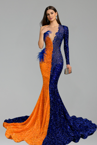 Two-tone Sequin Feathered Evening Gown - LAROSABRIDE
