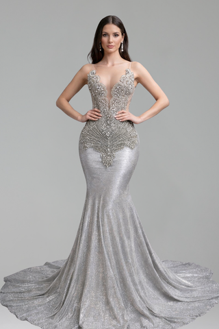 Beaded Illusion Mermaid Evening Gown - LAROSABRIDE