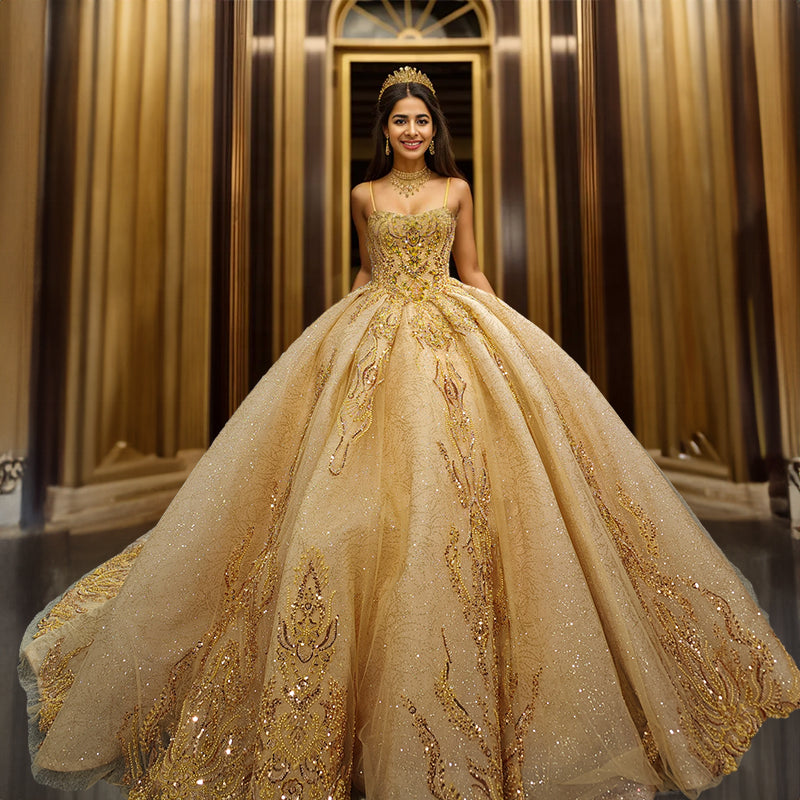 Radiant in Gold Glitter Evening Quinceanera Dress exclusive at Larosabride