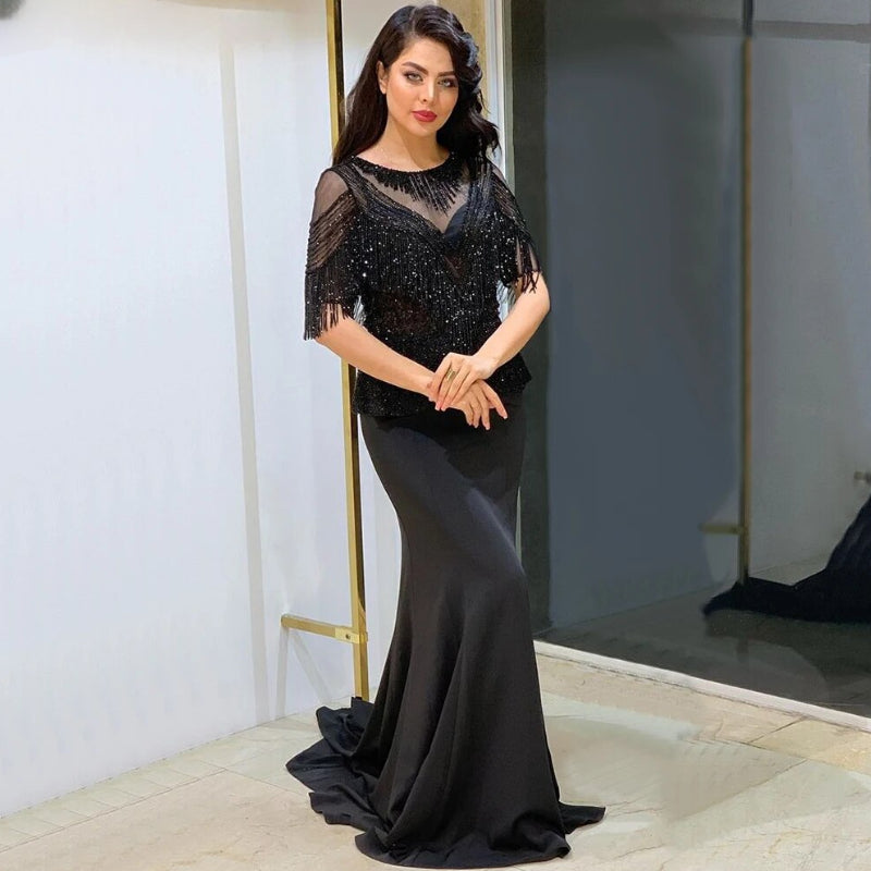 2025 Burgundy Satin Mermaid Gown: Tassel Beading with Tulle Half Sleeves for Formal Evening Affairs