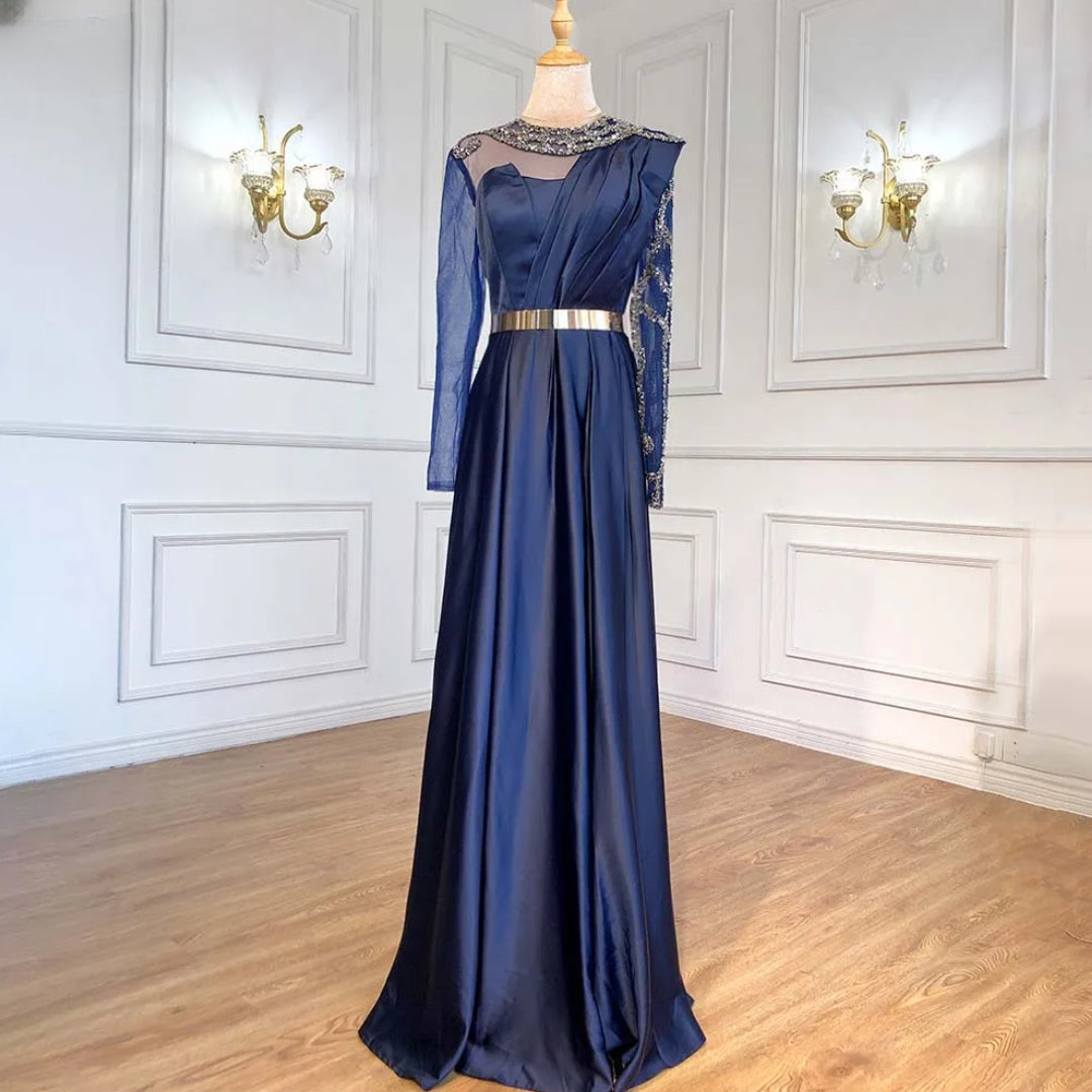 Navy Blue Glamour 2024 Muslim A Line Evening Dress in Satin with Beaded Sashes Perfect for Women s Parties