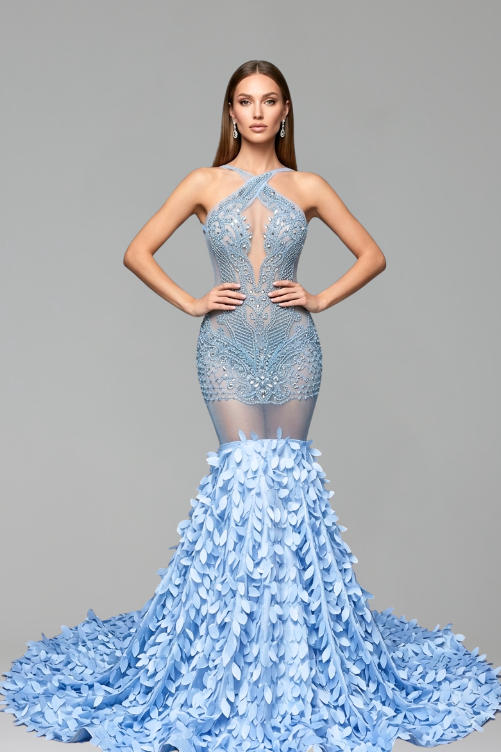 Sheer Embellished Floral Mermaid Gown - LAROSABRIDE