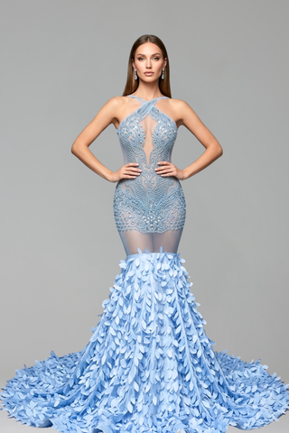 Sheer Embellished Floral Mermaid Gown - LAROSABRIDE