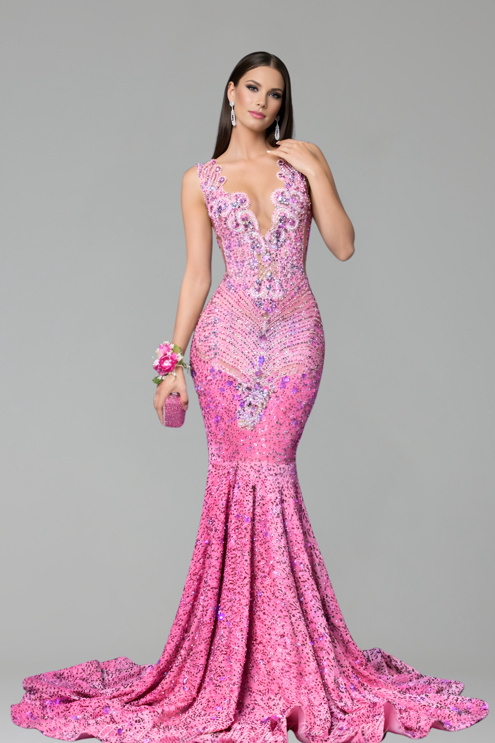 Embellished Deep Neck Mermaid Gown - LAROSABRIDE