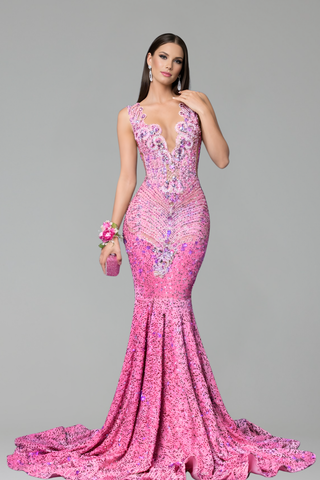 Embellished Deep Neck Mermaid Gown - LAROSABRIDE