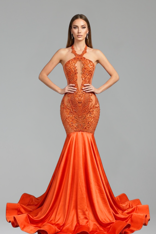 Intricate Beaded Illusion Halter Mermaid Gown