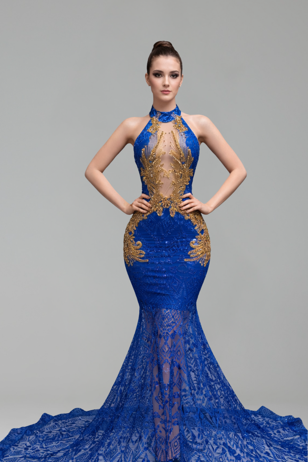 Beaded Lace Halter Mermaid Gown - LAROSABRIDE