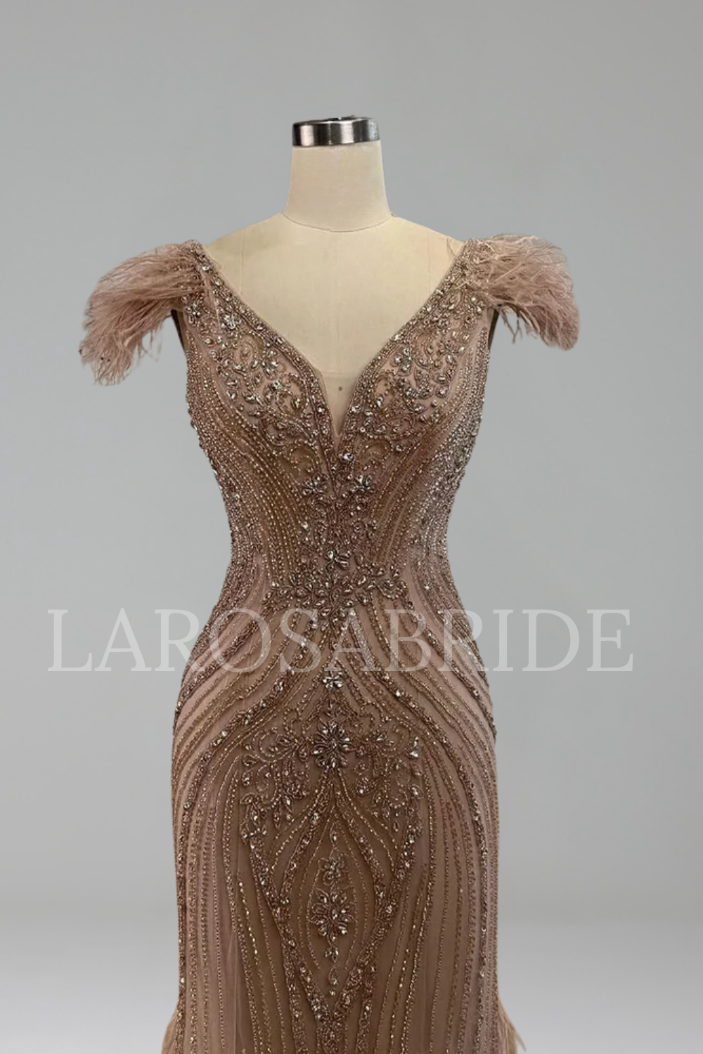 Beaded Feather Mermaid Evening Gown - LAROSABRIDE