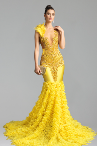 Feathered Beaded Mermaid Gown - LAROSABRIDE
