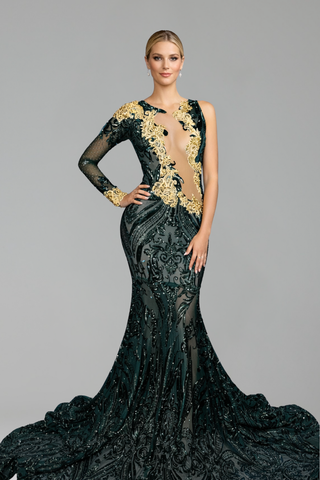 Embellished Illusion Mermaid Train Gown