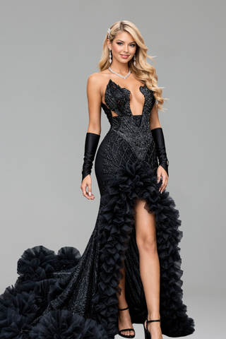 Plunging Beaded Ruffled Slit Gown - LAROSABRIDE