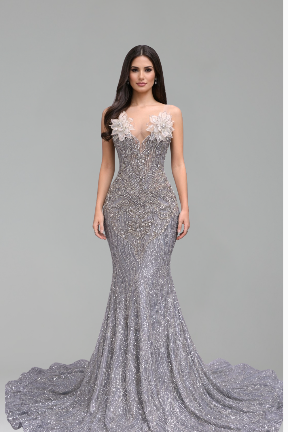 Floral Appliqu� Beaded Mermaid Gown - LAROSABRIDE