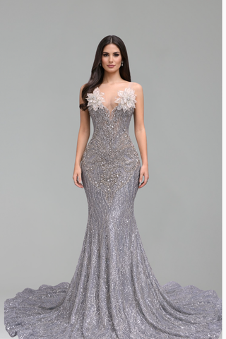 Floral Appliqu� Beaded Mermaid Gown - LAROSABRIDE