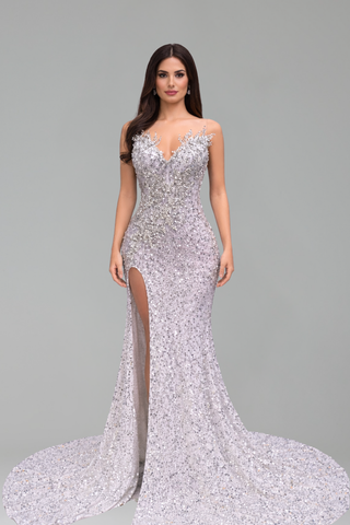 Crystal Embellished Slit Mermaid Gown