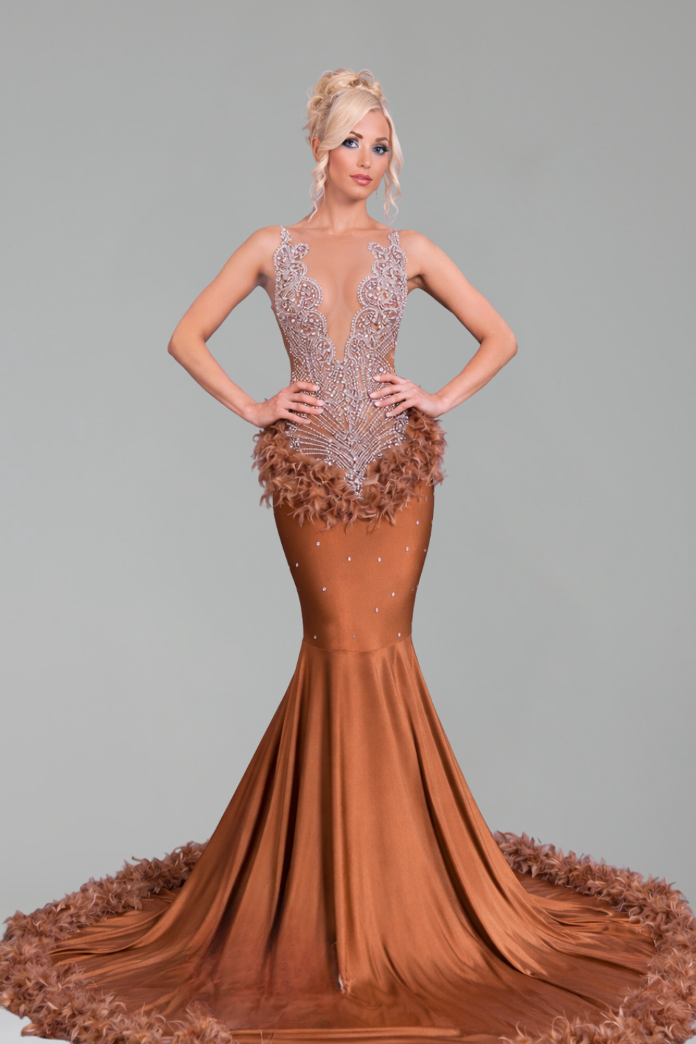 Plunging Beaded Feather Mermaid Gown - LAROSABRIDE