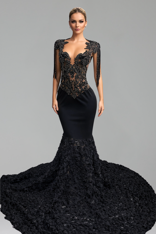 Illusion Lace Tassel Mermaid Gown - LAROSABRIDE